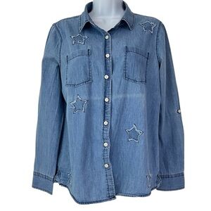 Alexander Jordan Wash Denim Star Appliqué Button-Down Shirt | Size M